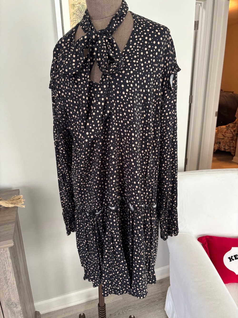 11-Honore Black Polka Dot Tie-Neck Long Sleeve Dress 16